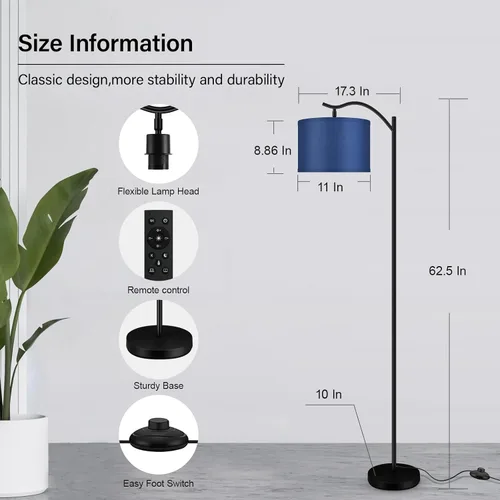 Vista 6 de BoostArea Lámpara de pie para sala de estar, lámpara de pie de arco con control remoto, brillo regulable continuo y temperatura de colores 2700 Azul