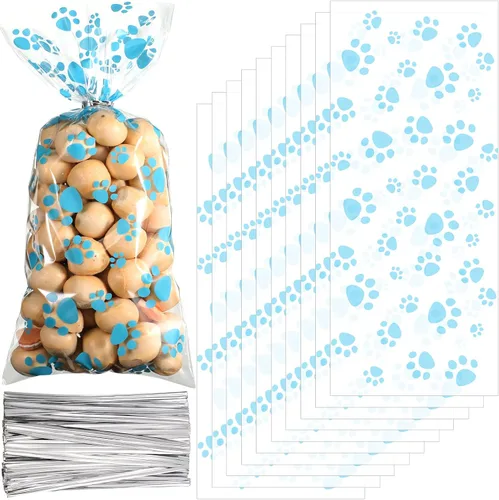 Vista 8 de Blulu 100 bolsas de golosinas para perros, recuerdos de fiesta para cachorros, bolsas de celofán con cono de pata de mascota, dulces sellables por