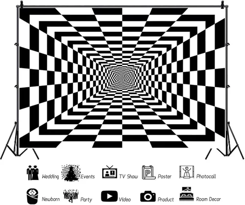 Vista 3 de Telón de fondo de vórtice a cuadros blanco y negro de 5 x 3 pies para fotografía, fondo abstracto 3D de túnel sin fin para decoración de fiesta