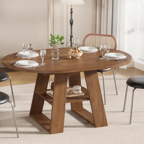 Vista 13 de Mesa de comedor redonda extensible de 43.3 a 59 pulgadas para 4 a 8, moderna mesa de comedor ovalada de cocina con hojas extraíbles, ahorro