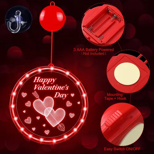 Vista 3 de Capoda Luz de ventana para el día de San Valentín de 8.3 pulgadas, cadena de luz de corazón rojo de San Valentín, funciona con pilas, silueta