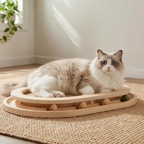 Vista 10 de Rascador para gatos, almohadilla rascador de sisal natural y juguete interactivo para gatitos con pista de bolas y bola de hierba gatera