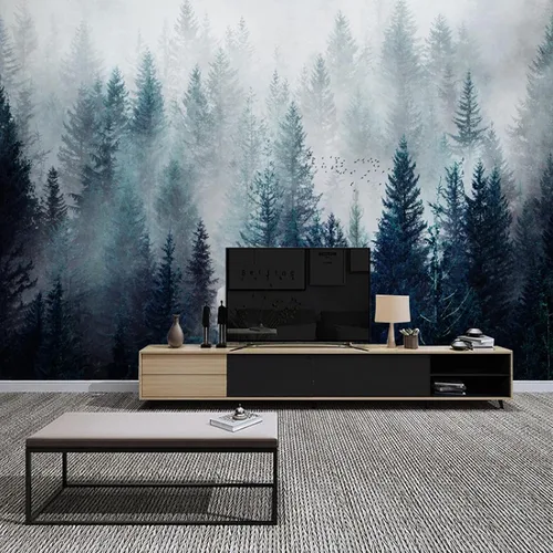 Vista 3 de Mural de pared con paisaje de bosque brumoso extraíble, autoadhesivo, impermeable, póster para decoración de pared para dormitorio, sala de estar