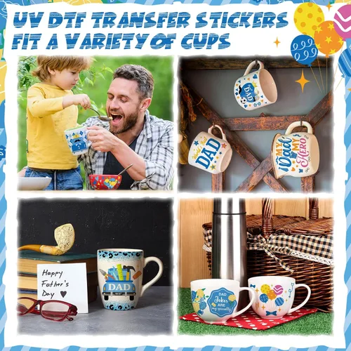 Vista 6 de Kosiz 16 Hojas de Vinilo Adhesivo UV para Tazas, Adhesivos de Envoltorio de Taza para Regalo del Día del Padre, Vinilos de Transferencia