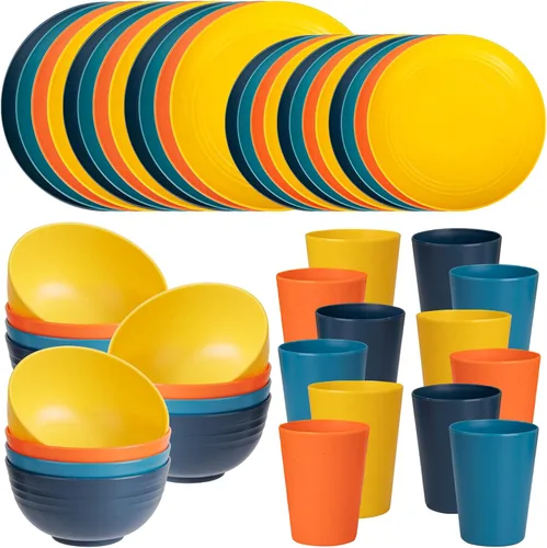 Vista 10 de LIYH Juego de vajilla de paja de trigo de plástico gris de 48 piezas - Juegos de platos y cuencos, juego de platos de camping para 12, platos