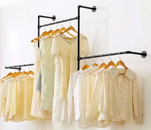 Vista 8 de Perchero industrial para ropa de pared con rieles de ropa de tubería, barras multiusos para colgar ropa resistente, ahorro de espacio, organizador