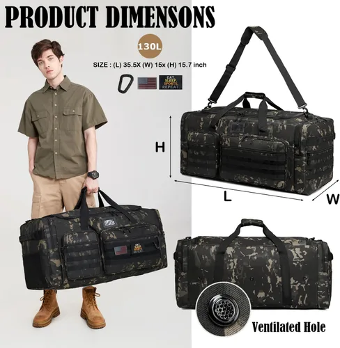 Vista 2 de Bolsa de lona extra grande de 130L para hombres, bolsa de lona resistente para viajes, bolsa grande de equipo de gimnasio deportivo para hockey