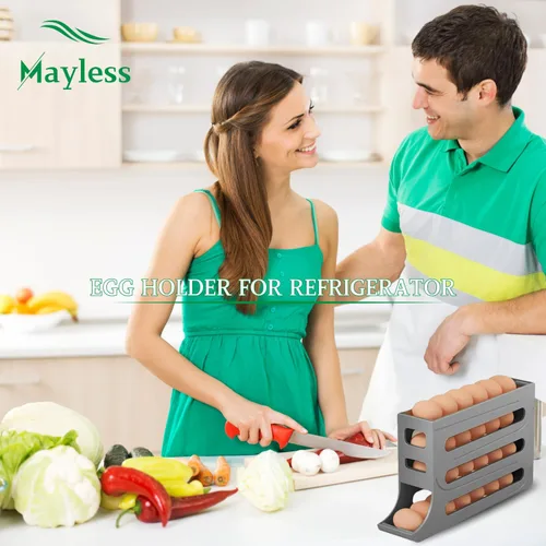 Vista 5 de Soporte para huevos para nevera, organizador de huevos de nevera con ruedas automáticas, estante de huevos para refrigerador. (gris)