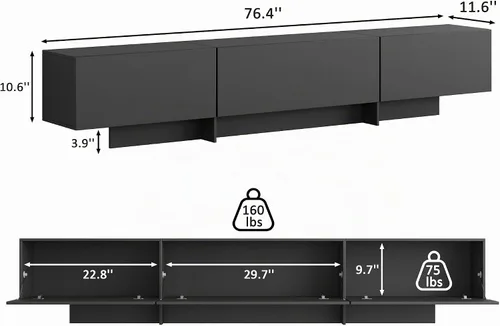 Vista 3 de Soporte de TV moderno de 76.4 pulgadas para sala de estar, consola de TV moderna de mediados de siglo, centro de entretenimiento con 3 cajones