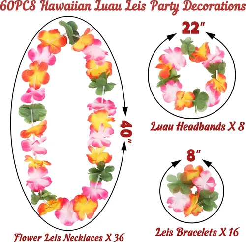 Vista 3 de jollylife 60 collares hawaianos Luau Leis pulseras diademas hibisco flores tropicales Tiki verano piscina fiesta suministros a granel