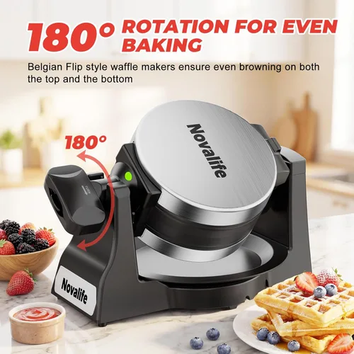 Vista 4 de Waffle Maker, 1400W Belgian Waffle Maker, Double Waffle Iron 180° Flip, 8 Slices, Rotating & Nonstick Plates, Removable Drip Tray Easy to Clean