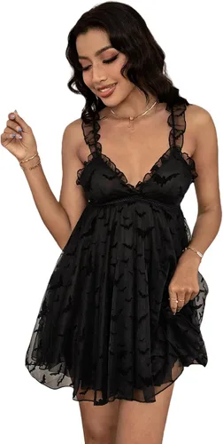 Vista 5 de SweatyRocks Vestido de noche de malla transparente con cuello en V profundo para mujer, lencería con estampado de corazón