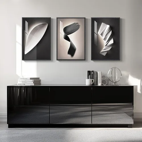 Vista 3 de Juego de arte moderno enmarcado de 3 piezas, arte abstracto de líneas geométricas en blanco y negro, pinturas artísticas de lujo contemporáneas