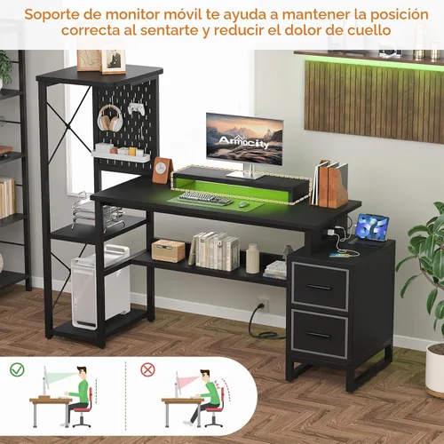 Vista 7 de Escritorio para computadora con 2 cajones de tela - Escritorio reversible de oficina en casa con toma de corriente y luces LED, escritorio