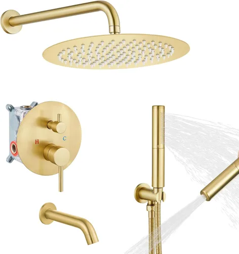 Vista 13 de Airuida Sistema de ducha con boquilla de bañera, cabezal de ducha redondo de 10 pulgadas con 2 funciones, ducha de mano, montaje en pared, juego