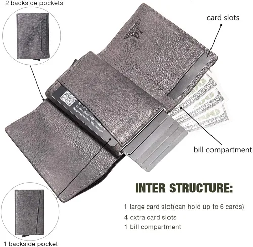 Vista 6 de ManChDa Billetera de cuero genuino delgada con bloqueo RFID para hombres, billetera triple de aluminio, cartera desmontable para tarjetas