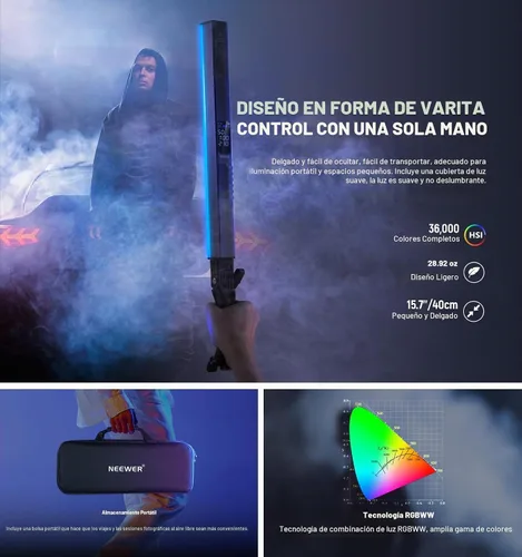 Vista 2 de NEEWER Barra de Luz LED RGB2 con Puerta de Granero de Metal, Mango, Barra Táctil/APP/Control 2.4G, Luz de Video RGB Magnética Recargable de Mano