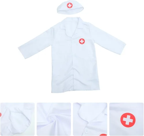 Vista 3 de WRITWAA Disfraz de médico para niños, abrigo de laboratorio blanco, disfraz de médico con sombrero, disfraz de científico para niños, disfraz