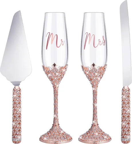 Vista 9 de Sratte - Juego de 4 cuchillos para pastel de boda y copas de champán, color dorado Toasting Crystal Rhinestone Champagne Flutes, Glasses Cake