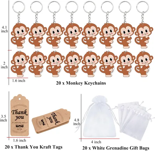 Vista 2 de El paquete de 60 recuerdos de fiesta de mono incluye 20 llaveros de mono, 20 etiquetas de agradecimiento, 20 bolsas de regalo para fiesta de safari