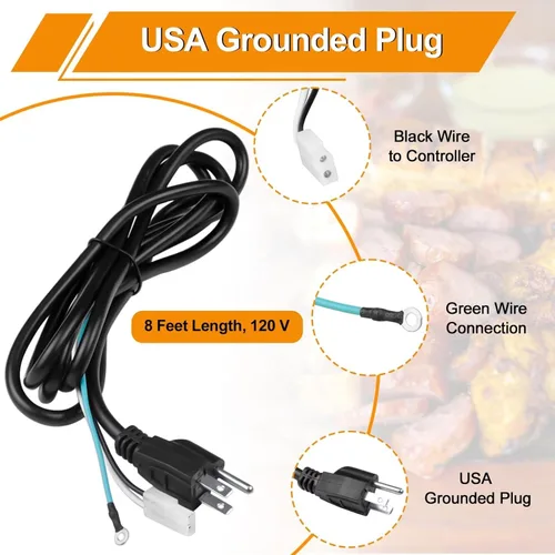 Vista 2 de Piezas de repuesto de cable de alimentación de 8 pies compatibles con parrillas para ahumadores de pellets de madera Pit Boss, Traeger