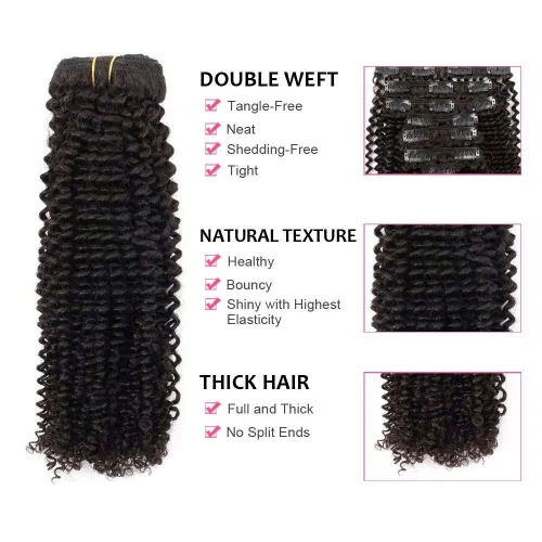 Vista 4 de ABH AMAZINGBEAUTY HAIR Kinkys - Extensiones de cabello rizado con clip, 3C y 4A, doble trama, cabello humano Remy real rizado para afroamericanos