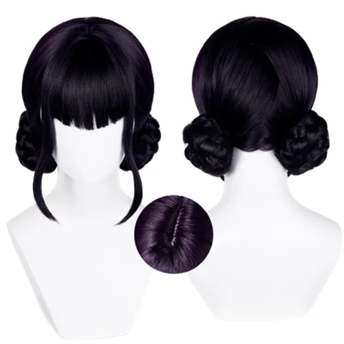 Vista 12 de COSPLAZA Wednesday - Pelucas largas de coletas trenzadas negras para mujer, peluca de disfraz de Halloween con flequillo plano