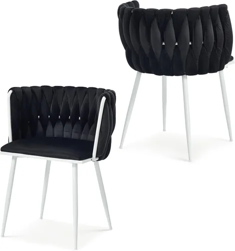 Vista 32 de Juego de 2 sillas de comedor de terciopelo, sillas laterales tapizadas tejidas con patas de metal negro, sillas decorativas modernas, sillas