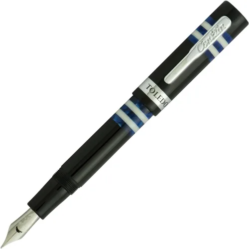 Vista 9 de Conklin Toledo - Pluma estilográfica en negro con segmentos de anillo azul y blanco, punta media, pluma estilográfica de lujo con detalles cromados