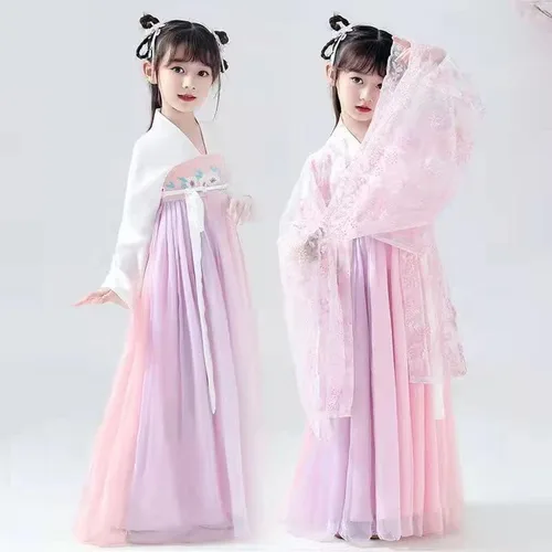 Vista 4 de Vestido chino Hanfu para niñas, vestido de hada pequeña, ropa de baile china para niñas