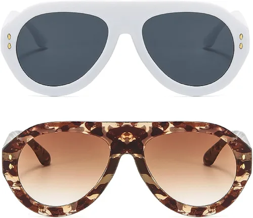 Vista 13 de Gafas de sol de piloto de moda populares para mujer, sombras UV400 Remaches retro decoración gradiente tendencia hombres gafas de sol redondas Rojo