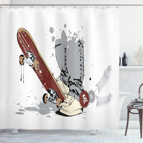 Vista 23 de Ambesonne Cortina de ducha con diseño de ciervo, silueta de animales del bosque brumoso en la naturaleza, diseño de dibujos animados, decoración