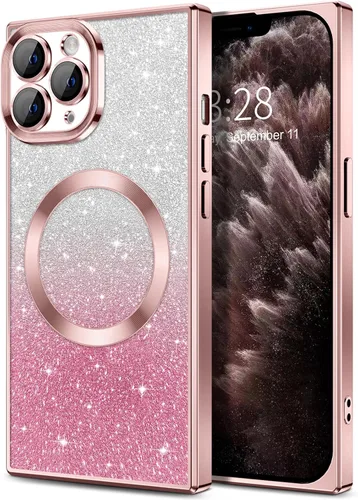 Vista 64 de Hython Funda para iPhone 13 Pro transparente con purpurina magnética [compatible con MagSafe] Protector completo de lente de cámara delgado