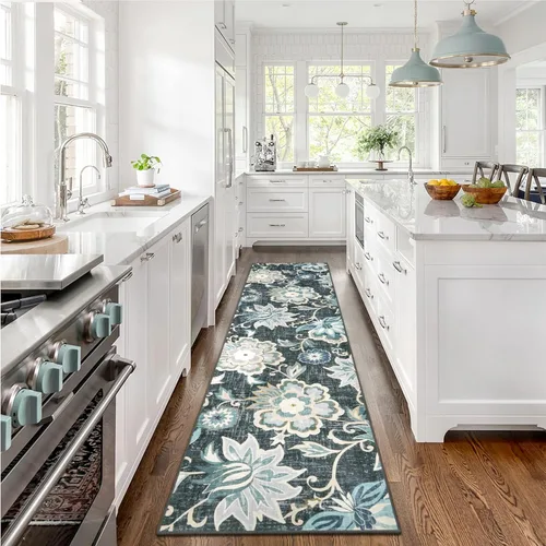 Vista 14 de Beeiva Alfombras florales de entrada, lavables para interiores, ultra fina, de 2 x 3 pies, antideslizante, para cocina, tapete de cachemira suave