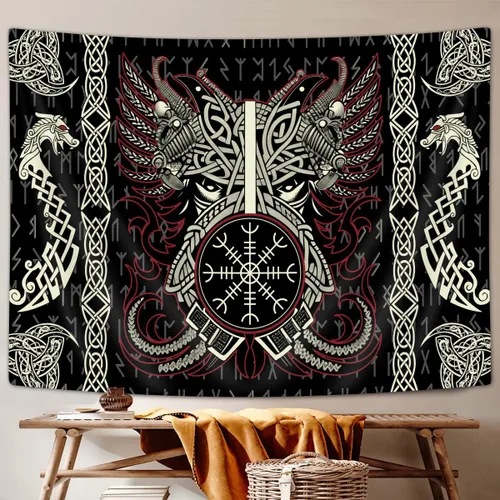 Vista 2 de Ptrxobj Tapiz nórdico vikingo, fresco dragón fénix tapiz colgante de pared para hombres dormitorio, mitología noruega retro pagana celta negro