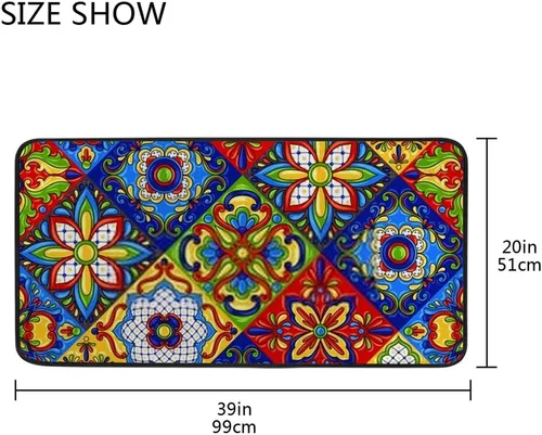 Vista 4 de Alfombra de baño de azulejos de cerámica mexicana Talavera sin costuras, antideslizante, suave, corta, de felpa, larga, extra gruesa, de espuma