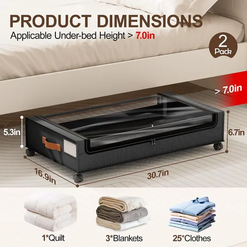 Vista 5 de LAMU Almacenamiento debajo de la cama con ruedas, paquete de 2 contenedores de almacenamiento debajo de la cama con tapa transparente y asa de piel