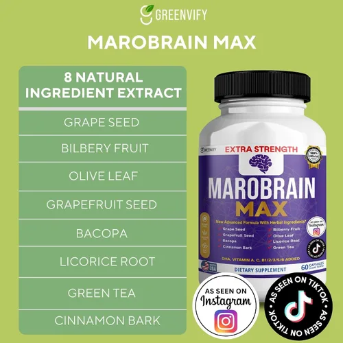 Vista 3 de MAROBRAIN MAX Suplemento de apoyo cerebral extra fuerte, 60 cápsulas, con mezcla de hierbas, vitaminas A C D complejo B, DHA, semilla de uva, bacopa