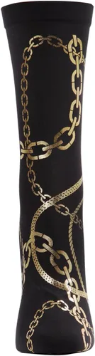 Vista 2 de MeMoi Calcetines altos brillantes con estampado de cadena dorada para mujer