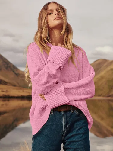 Vista 29 de LOGENE Suéter de gran tamaño para mujer, cuello redondo, manga larga, suave, mullido, suéter de punto 2025 para otoño e invierno