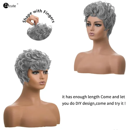Vista 6 de DOcute Peluca gris para personas negras, corte pixie con flequillo, peluca rizada corta para mujeres negras, peluca rizada esponjosa para mujeres