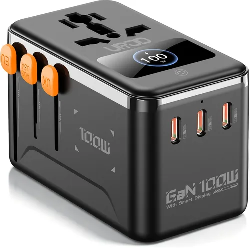 Vista 9 de Adaptador de viaje universal GaN de 200 W, USB-C dual de 100 W para 2 GaN200W con pantalla inteligente-negro+blanco