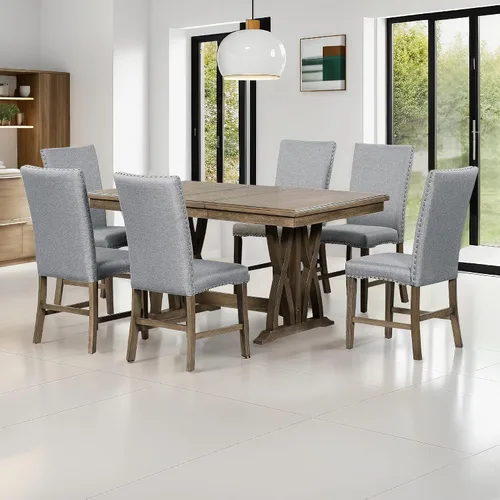 Vista 13 de JIVOIT Farmhouse - Juego de mesa de comedor de 6 piezas, juego de cocina de madera con caballete rectangular y 4 sillas tapizadas y banco para Gris