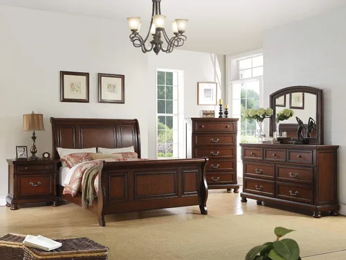 Vista 5 de Cama Queen Trineo de Madera de Pino, Marrón Cereza