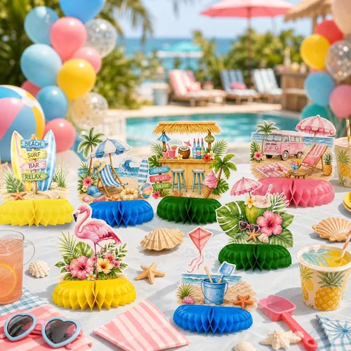 Vista 6 de Decoraciones de fiesta en la playa, centros de mesa de panal para cumpleaños de verano 12 manteles de playa con tablas de surf, palmeras