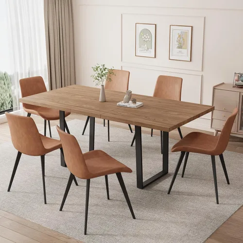 Vista 29 de ZckyCine Conjunto moderno de mesa de comedor de 5 piezas con mesa rectangular de madera y 4 sillas tapizadas en cuero, capacidad para 4 personas