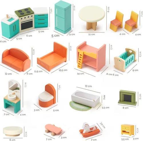 Vista 7 de Juego de muebles de casa de muñecas de madera gigante de 26 piezas Kitchen, Living Room, Bedroom, Bathroom, Babyroom, Candy Dollhouse Accessories