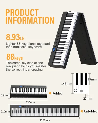 Vista 6 de KONIX Teclado de piano plegable, 88 teclas, tamaño completo, teclado plegable semiponderado, teclado electrónico portátil Bluetooth con soporte
