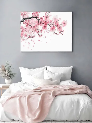 Vista 3 de T&H XHome Pintura al óleo de la lona de la decoración del arte de la pared del cuarto de baño, ilustración de la flor de cerezo rosa de la primavera