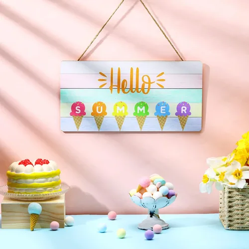 Vista 7 de Letrero decorativo para puerta con texto en inglés «Hello Summer» para colgar en la playa, con temática de helado, colgador de puerta de madera